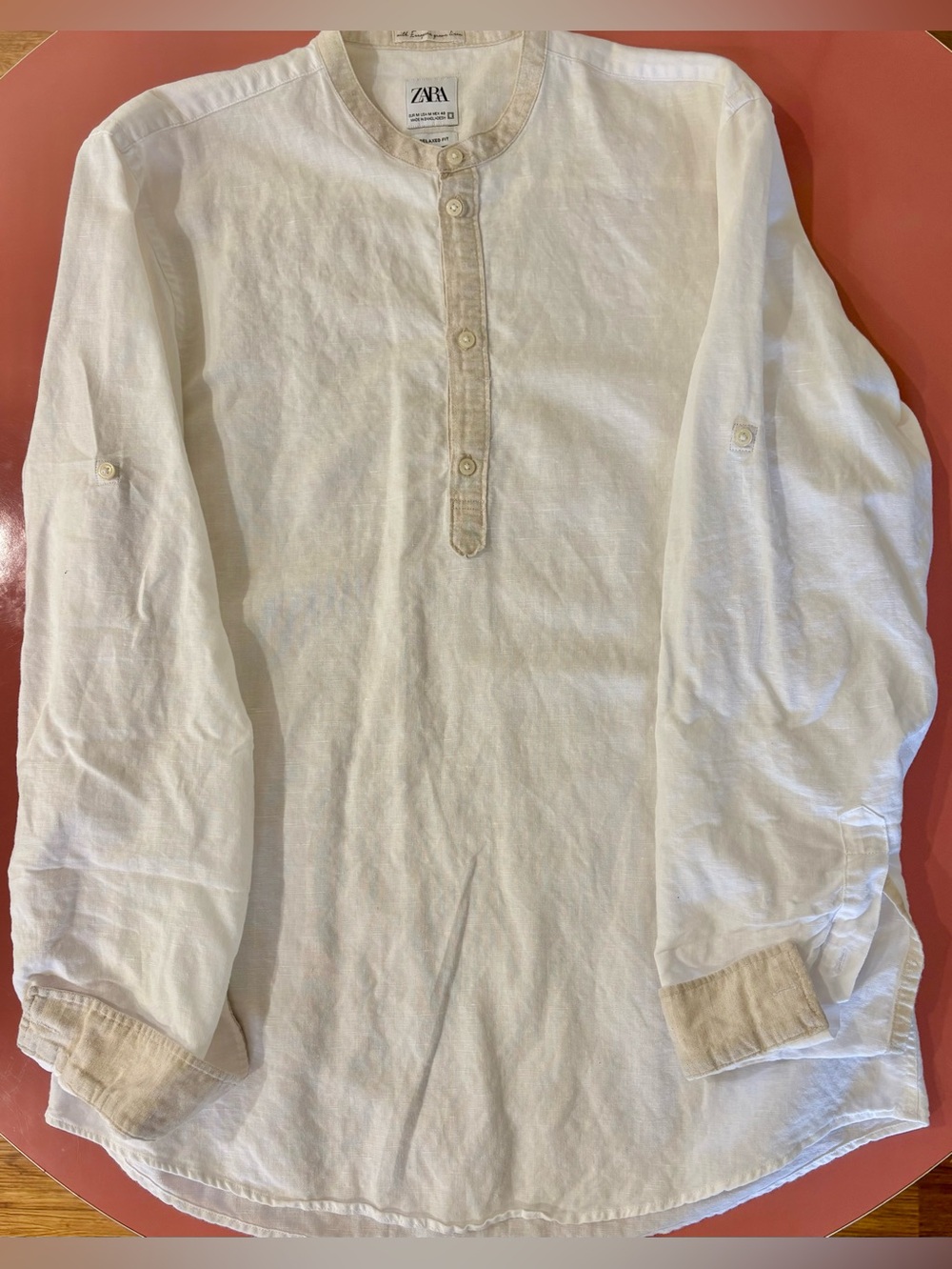ZARA White Band-Collar Shirt with Tan Contrast Placket